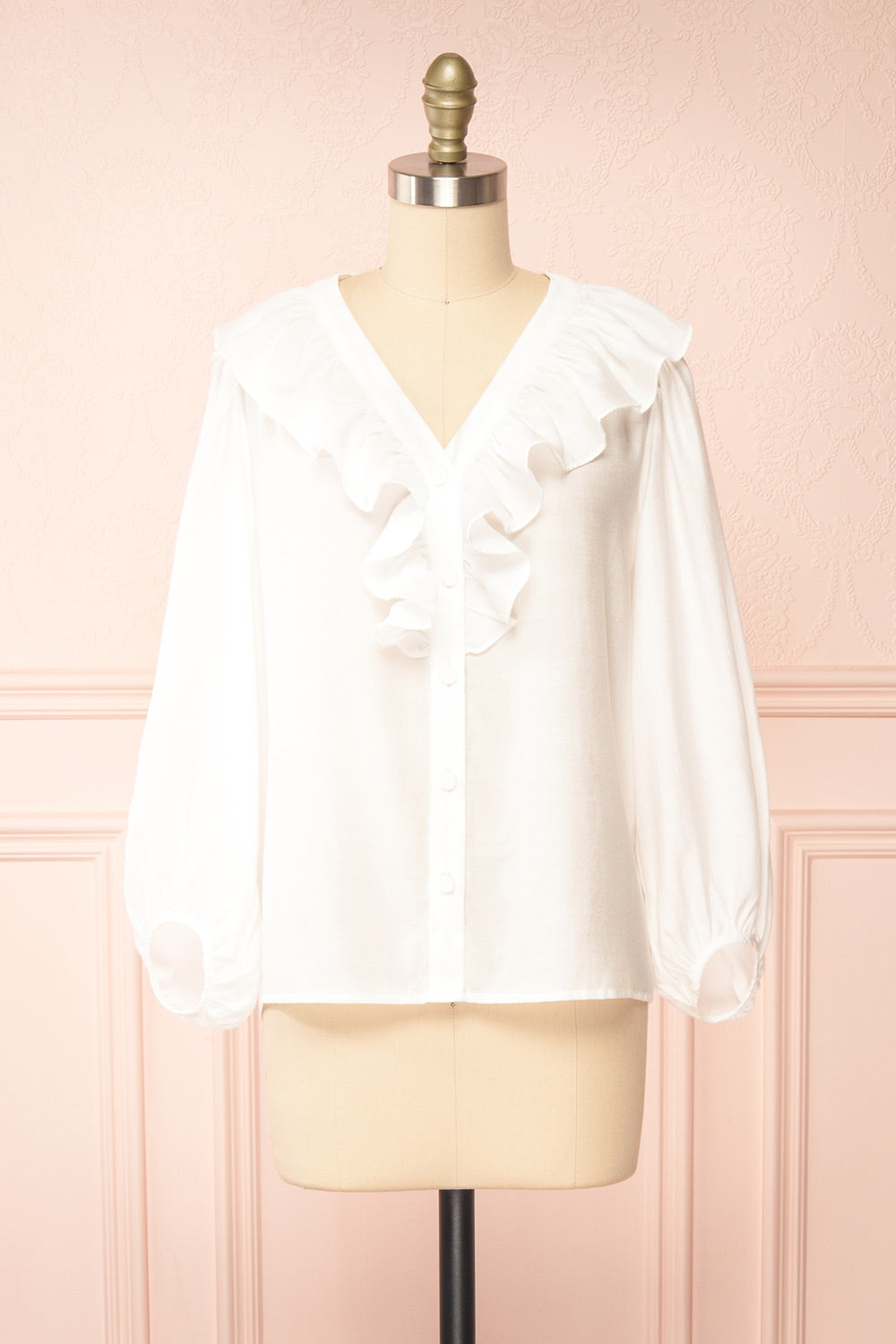 Felicie White | Long Sleeve Blouse w/ Ruffle Collar