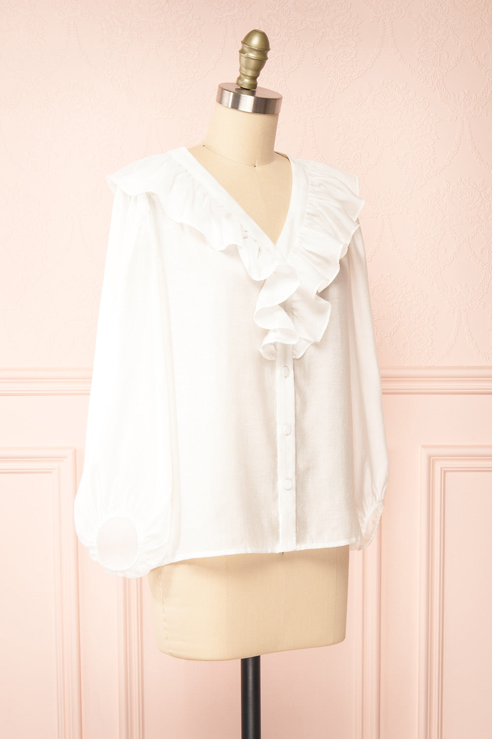 Felicie White Long Sleeve Blouse w/ Ruffle Collar | Boutique 1861 side view