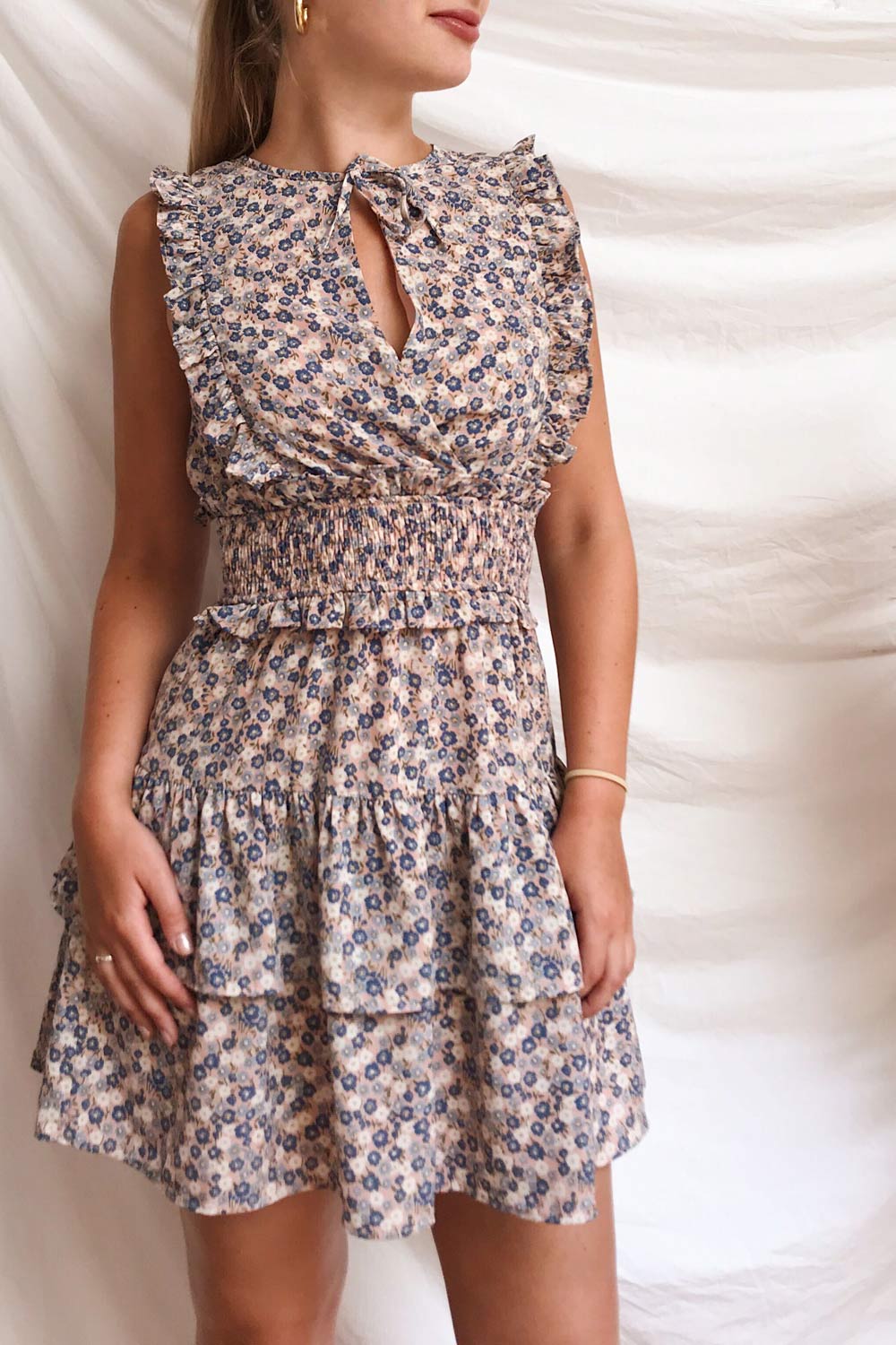 Florenza Short Pink Floral Ruffle Dress | Boutique 1861 on model