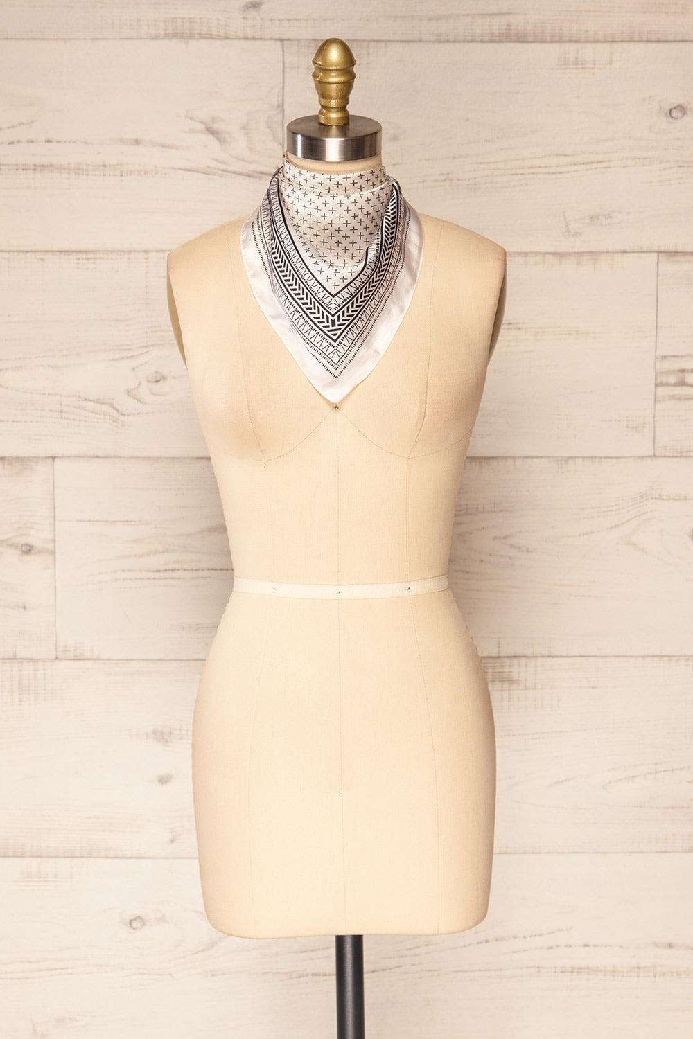 Fornax Beige & Black Patterned Silky Scarf | La petite garçonne triangle view