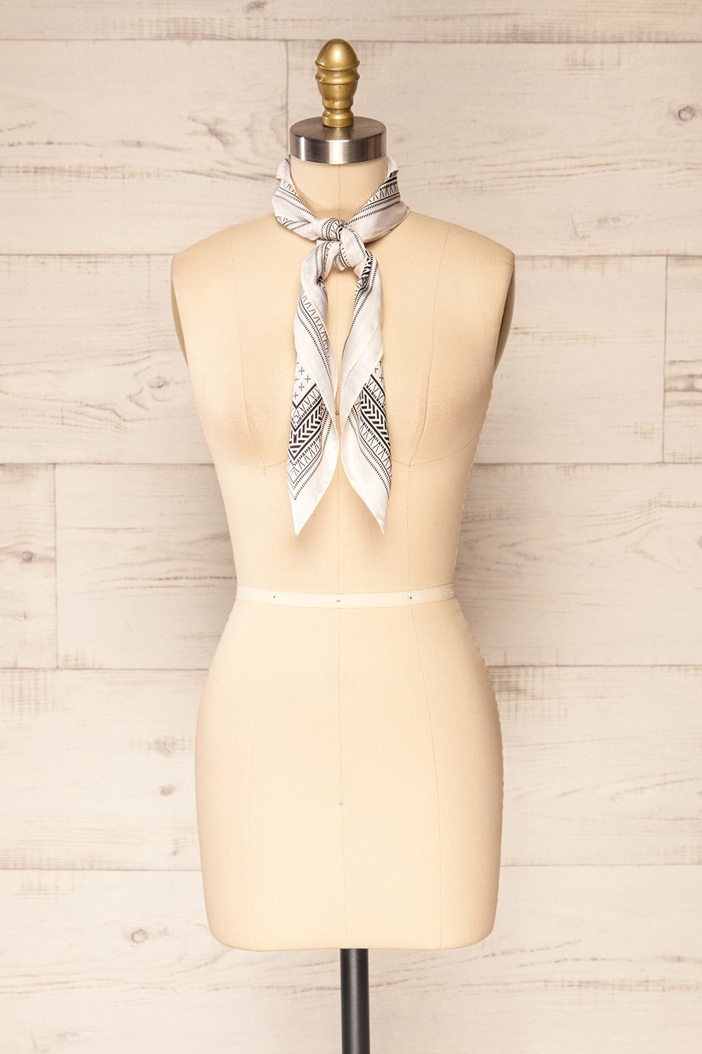 Fornax Beige & Black Patterned Silky Scarf | La petite garçonne knot view