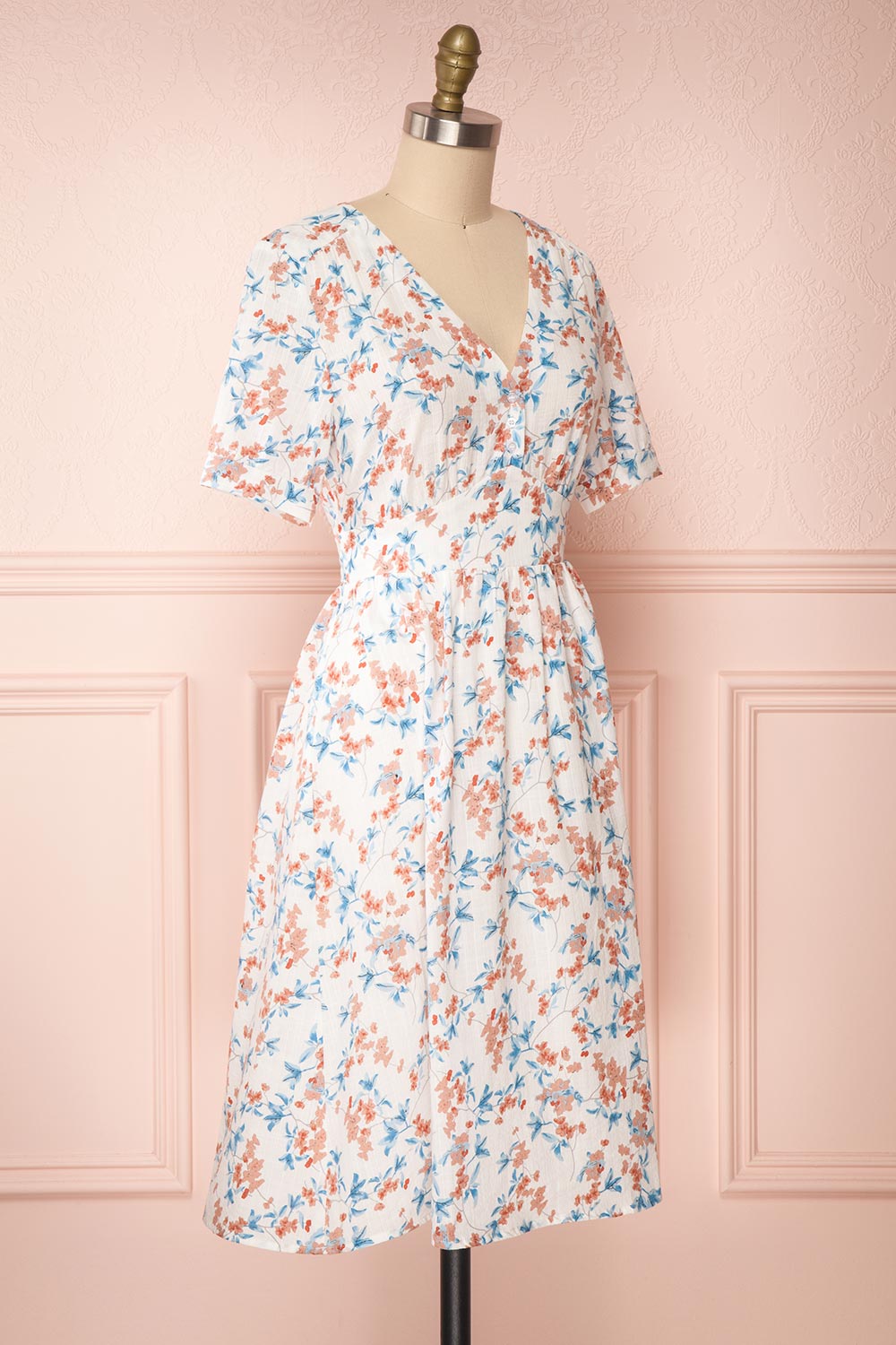 Frieda White Floral Short Sleeve Midi Dress | Boutique 1861 side view