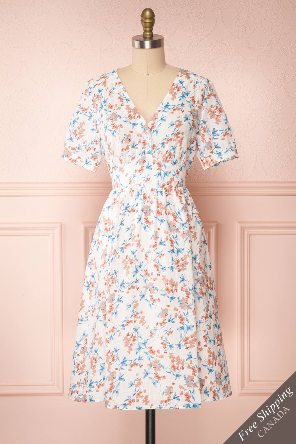 Frieda White Floral Short Sleeve Midi Dress | Boutique 1861 front view