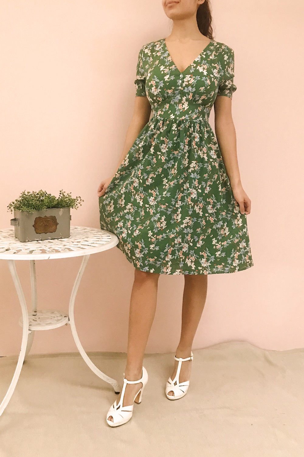 Frieda White Floral Short Sleeve Midi Dress | Boutique 1861 on model