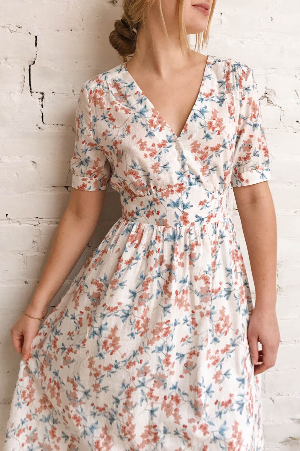 Frieda White Floral Short Sleeve Midi Dress | Boutique 1861 on model 1