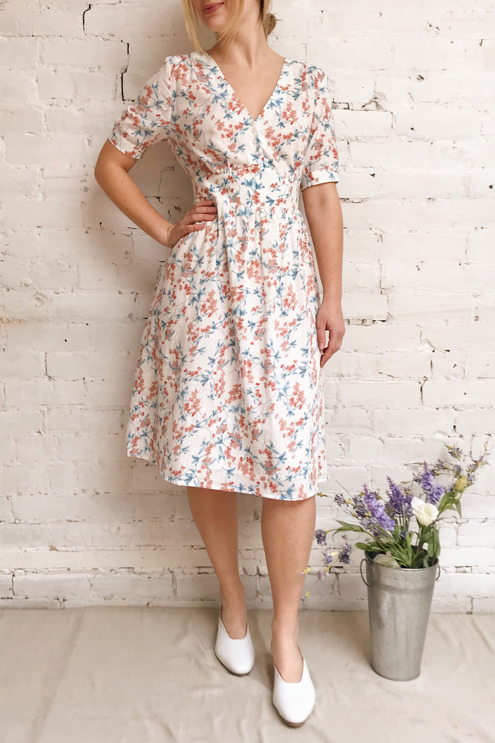 Frieda White Floral Short Sleeve Midi Dress | Boutique 1861 model look 1