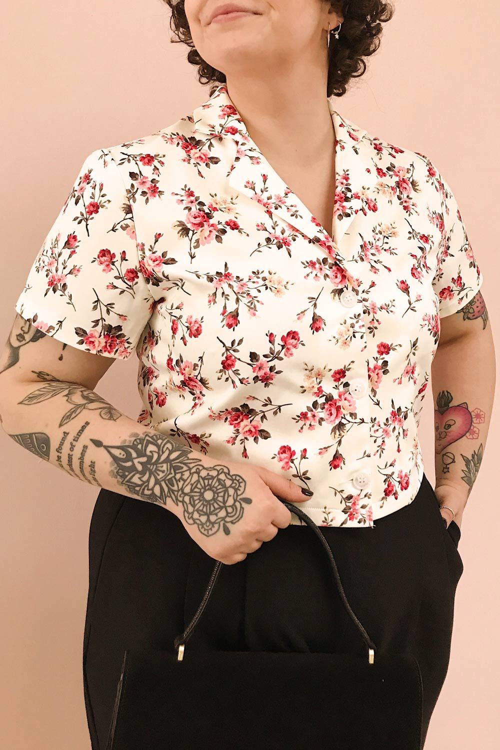 Fuujin White & Pink Floral Buttoned Crop Top | Boutique 1861 on model
