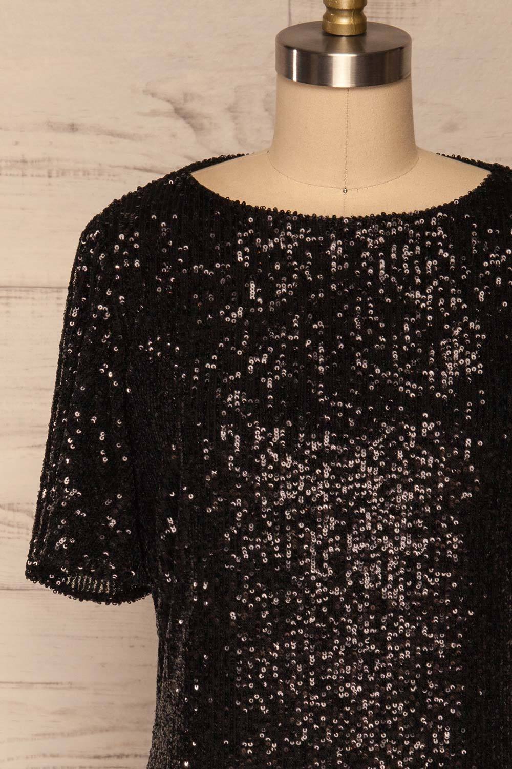 Gamze Noir Black Sequin Short Shift Dress front close up | La Petite Garçonne