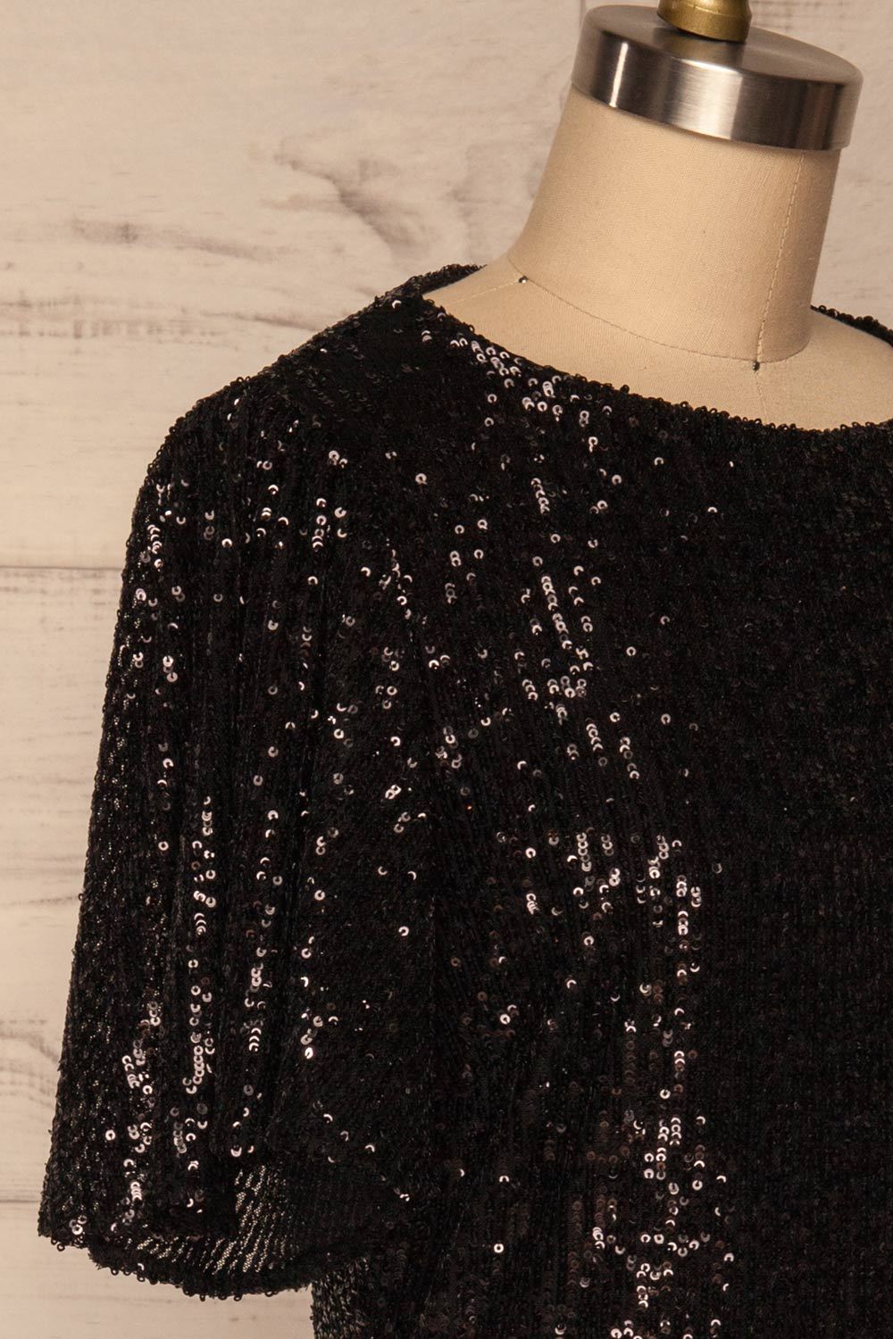 Gamze Noir Black Sequin Short Shift Dress side close up | La Petite Garçonne