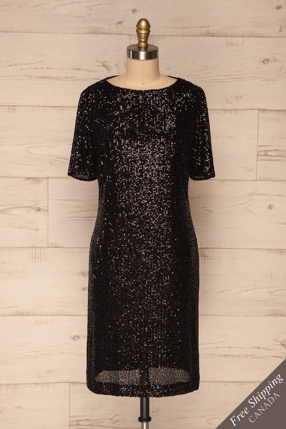 Gamze Noir Black Sequin Short Shift Dress front view | La Petite Garçonne