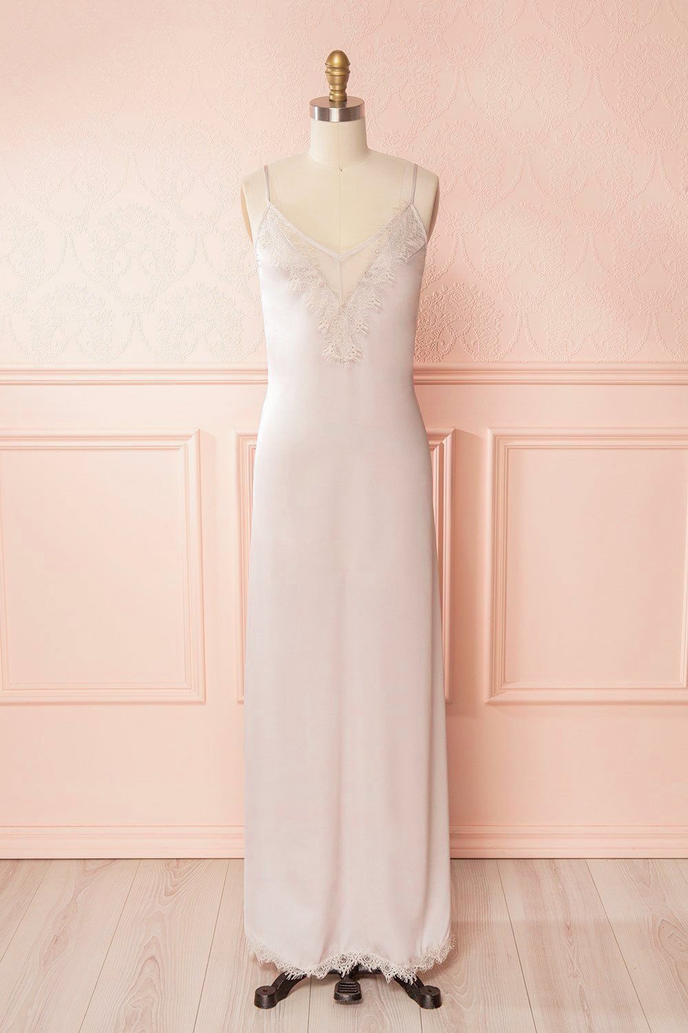 Garkan Champagne Beige Lace Details Maxi Slip Dress | Boudoir 1861