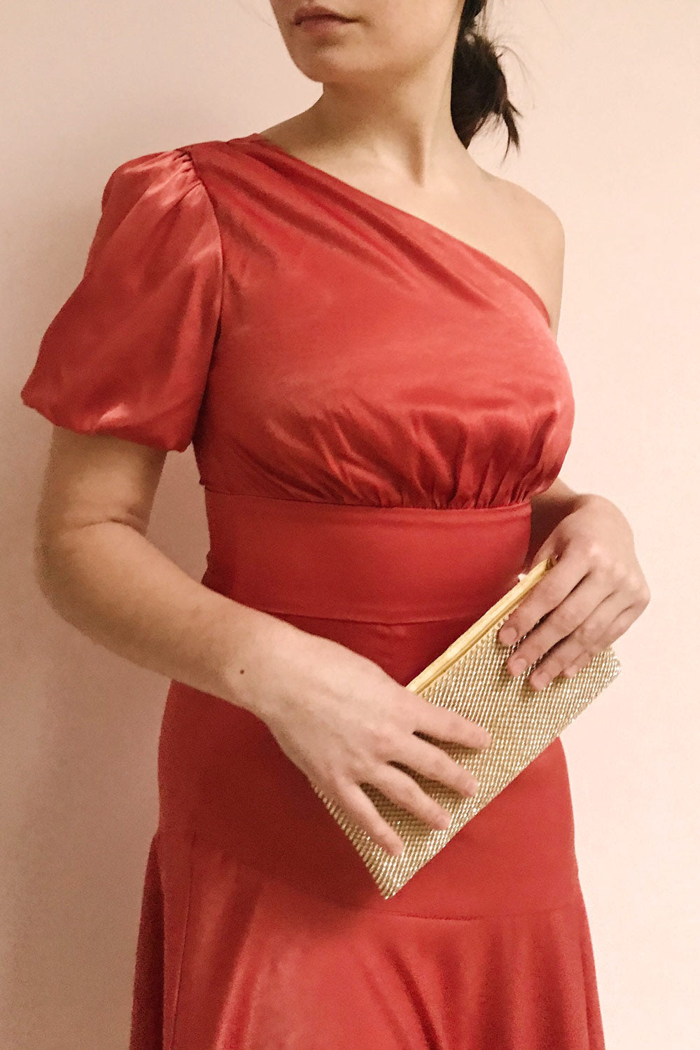 Garuda Burnt Orange One Shoulder Midi Dress | Boutique 1861 model close up