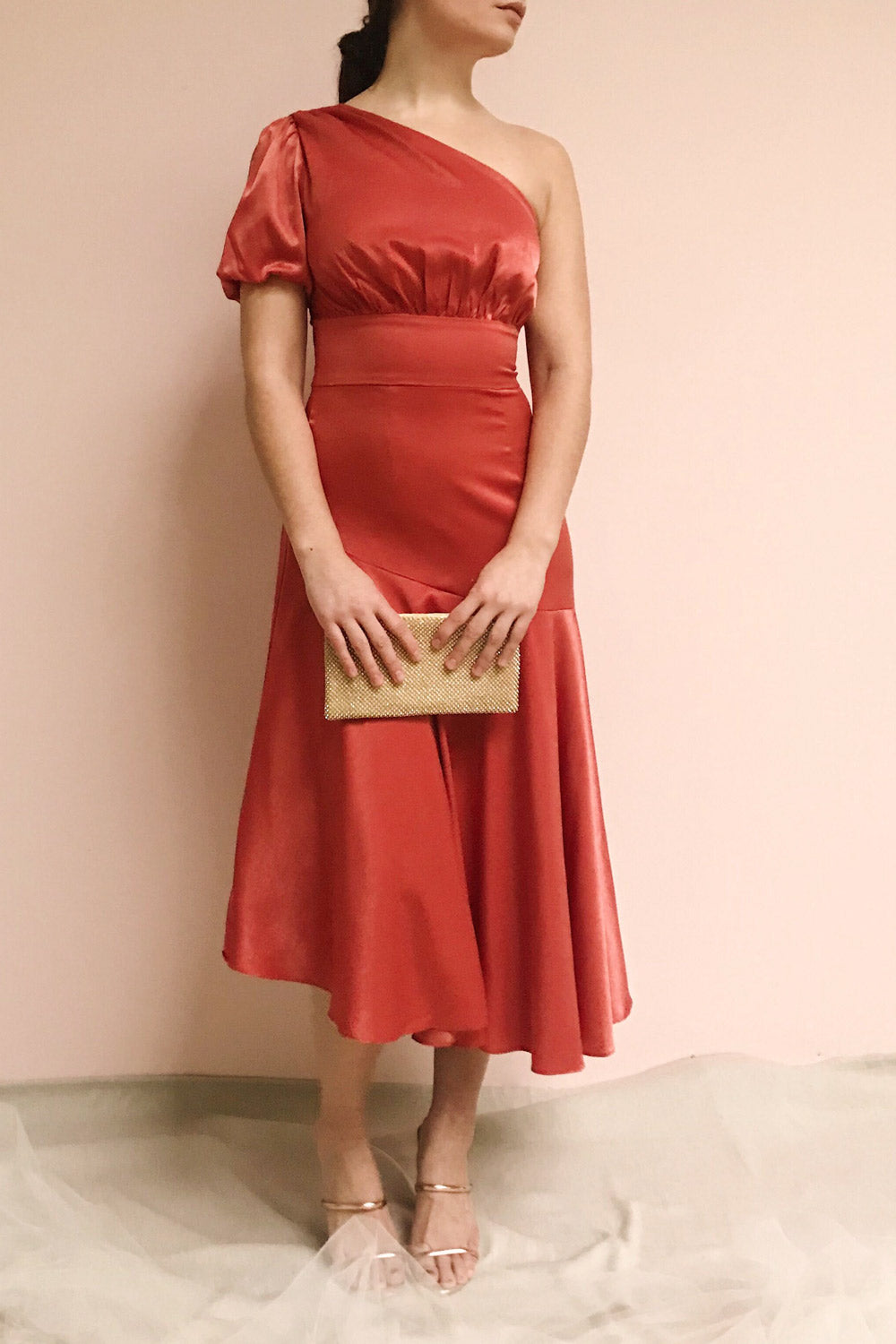 Garuda Burnt Orange One Shoulder Midi Dress | Boutique 1861 on model