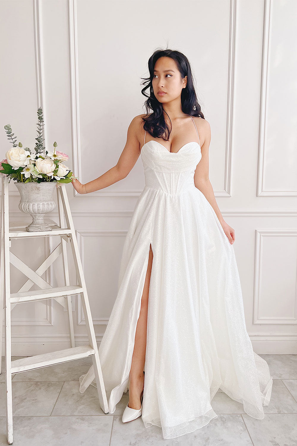 Genevieve Sparkly Cowl Neck Bridal Dress | Boudoir 1861 on model