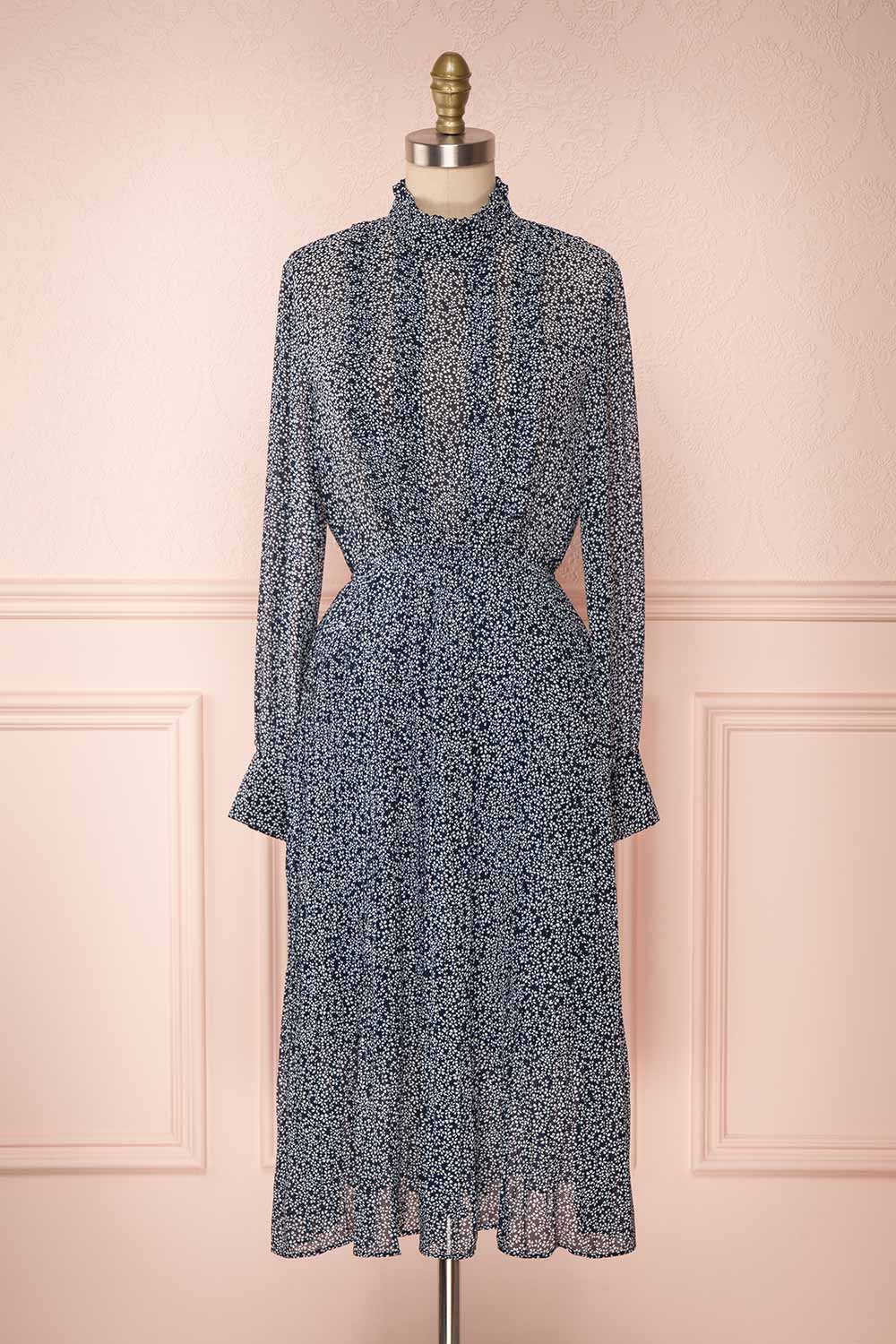 Georgiy Navy Blue Floral Midi Dress with Puff Sleeves | FRONT VIEW | Boutique 1861