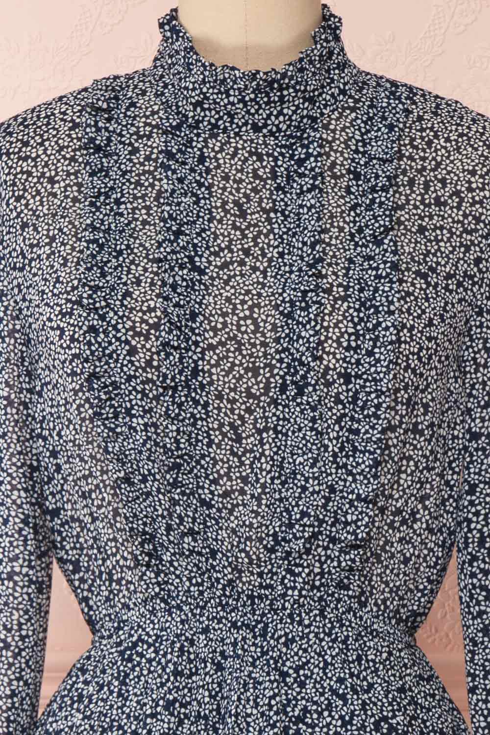 Georgiy Navy Blue Floral Midi Dress with Puff Sleeves | FRONT CLOSE UP | Boutique 1861