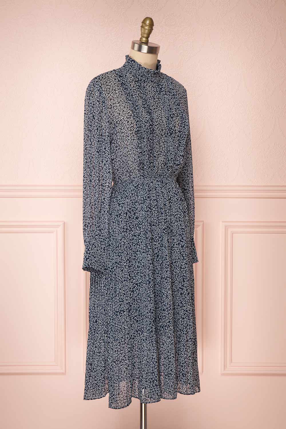 Georgiy Navy Blue Floral Midi Dress with Puff Sleeves | SIDE VIEW | Boutique 1861