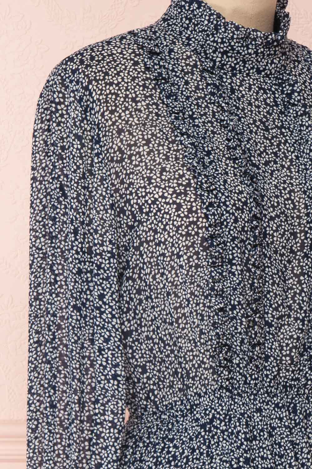 Georgiy Navy Blue Floral Midi Dress with Puff Sleeves | SIDE CLOSE UP | Boutique 1861