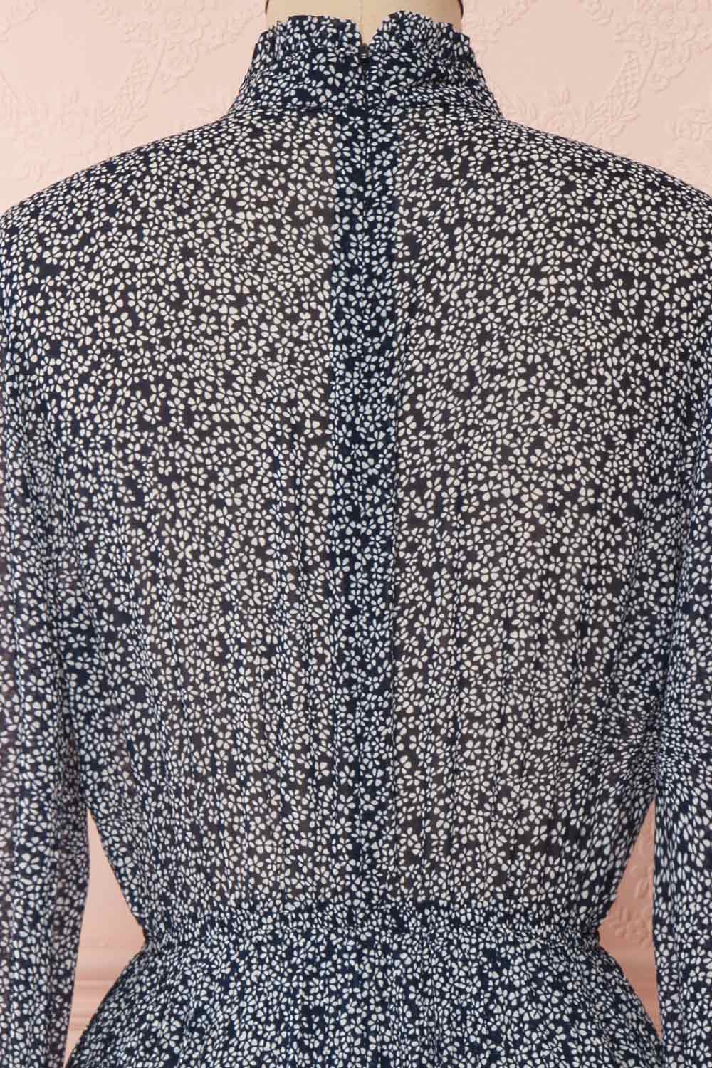 Georgiy Navy Blue Floral Midi Dress with Puff Sleeves | BACK CLOSE UP | Boutique 1861