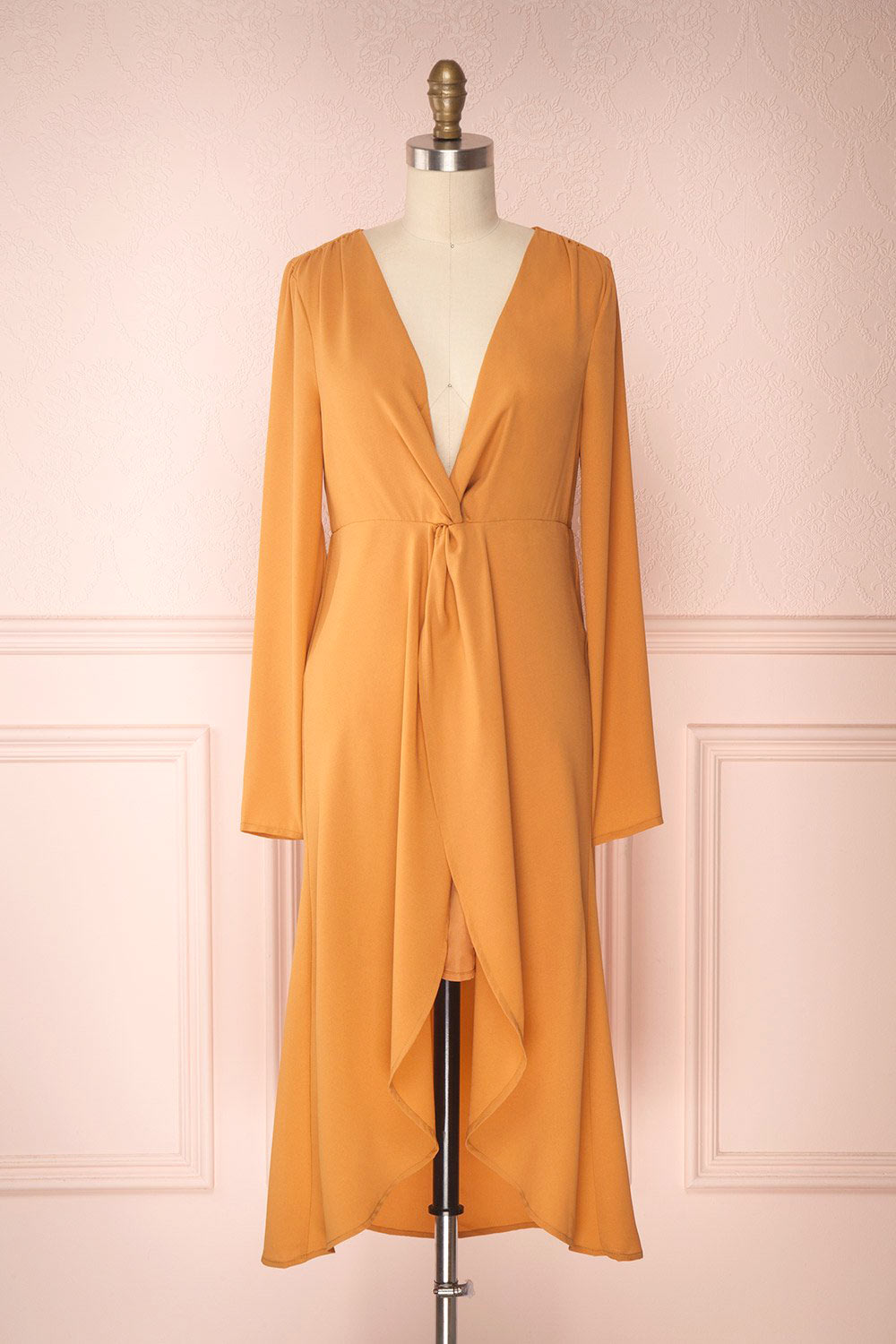 Gergen Mustard Yellow Wrap Midi Dress | Boutique 1861 front view