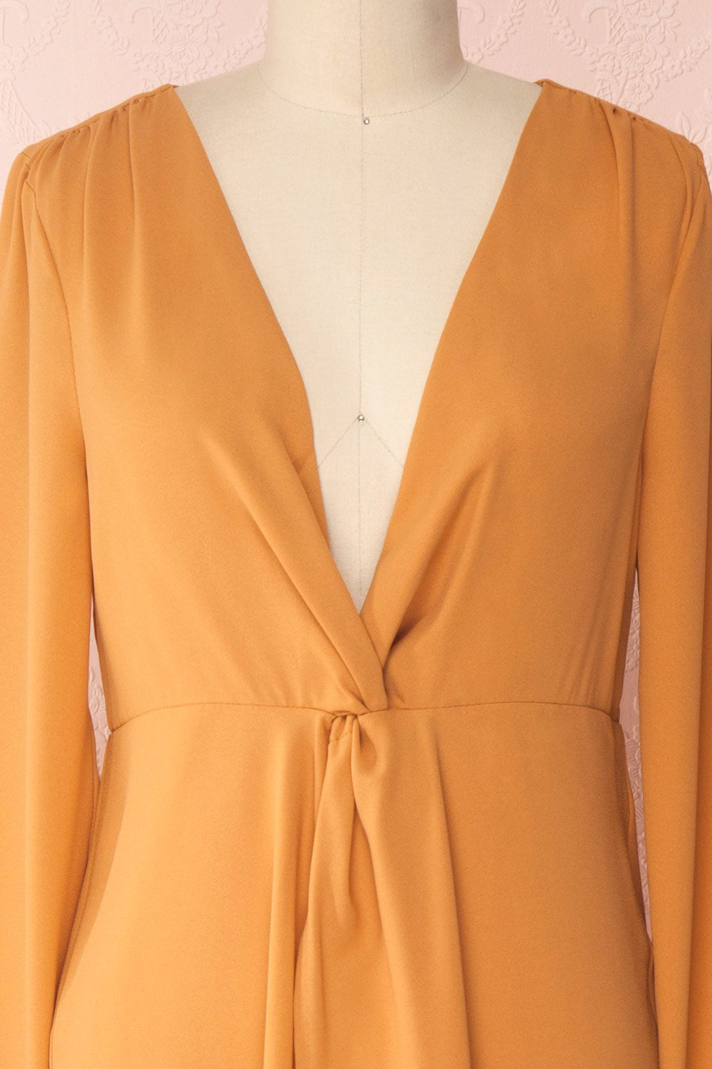Gergen Mustard Yellow Wrap Midi Dress | Boutique 1861 front close up