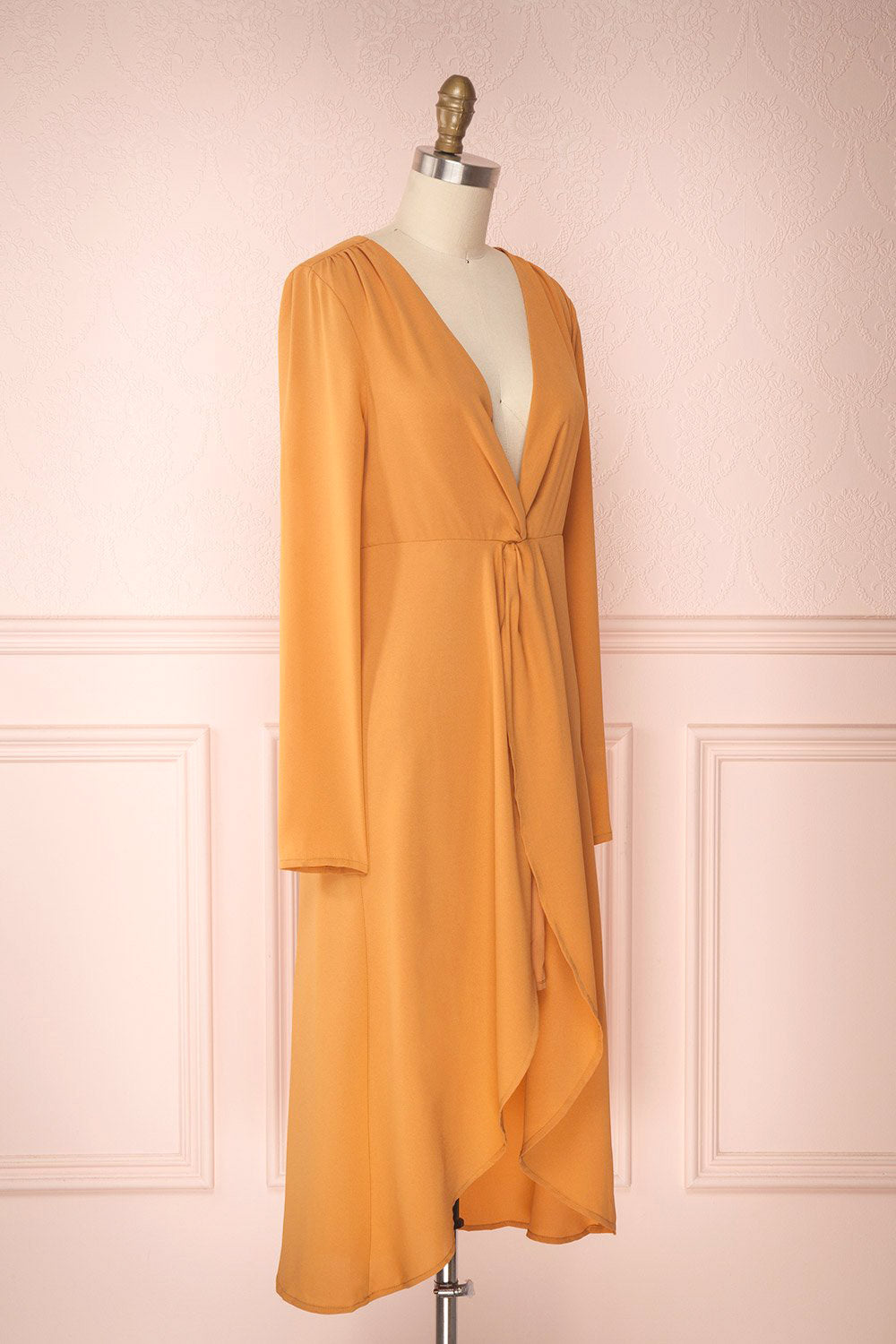 Gergen Mustard Yellow Wrap Midi Dress | Boutique 1861 side view