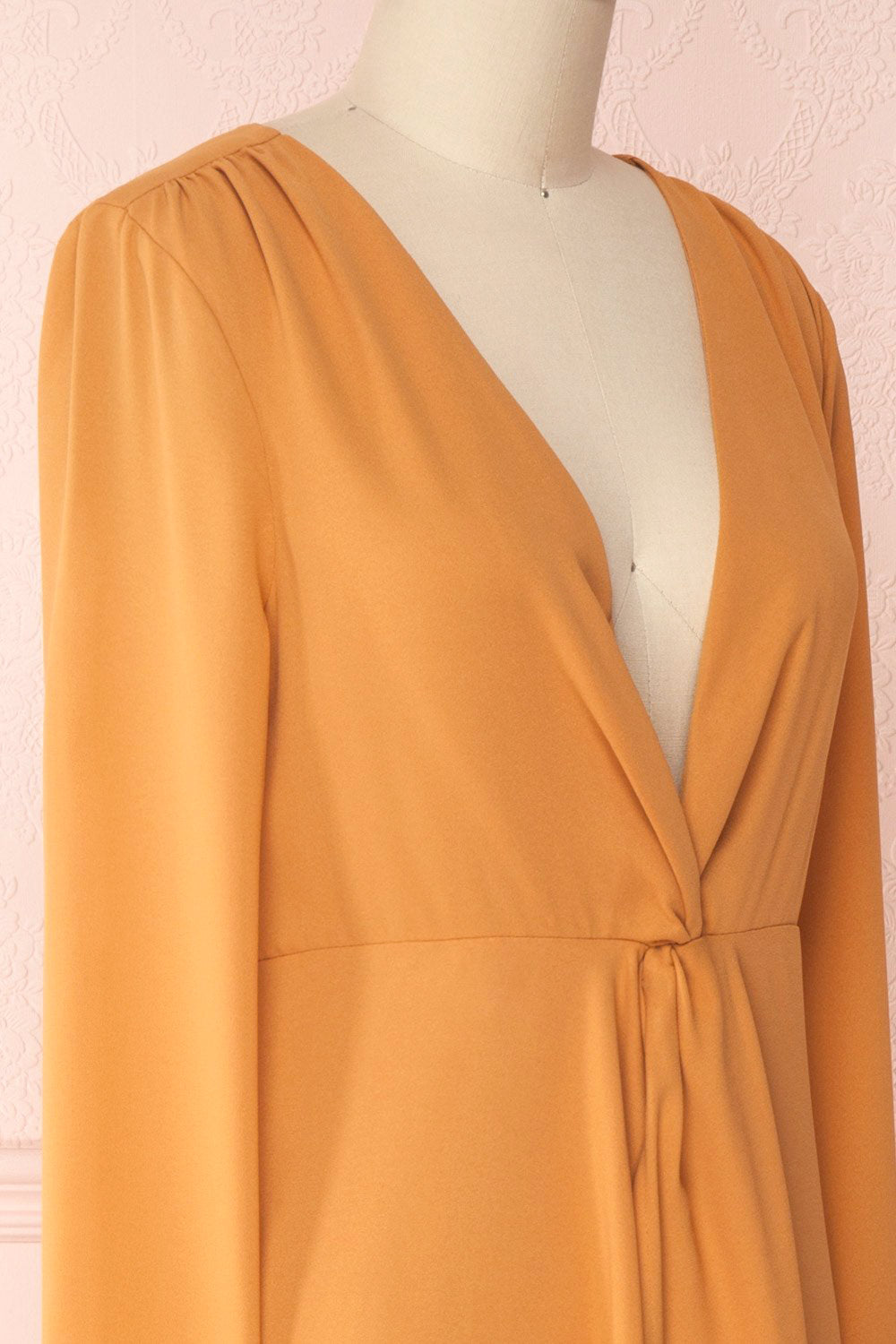 Gergen Mustard Yellow Wrap Midi Dress | Boutique 1861 side close up