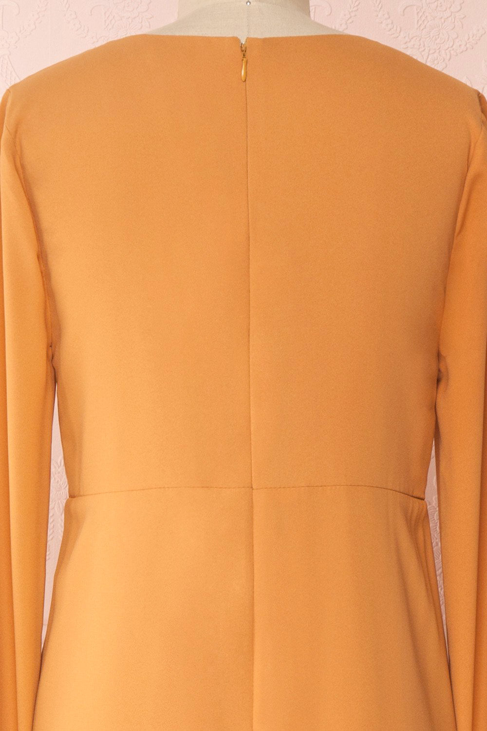 Gergen Mustard Yellow Wrap Midi Dress | Boutique 1861 back close up