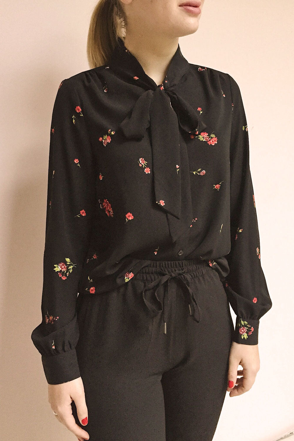 Gersende Red Floral Chiffon Shirt | Chemise | La Petite Garçonne on model