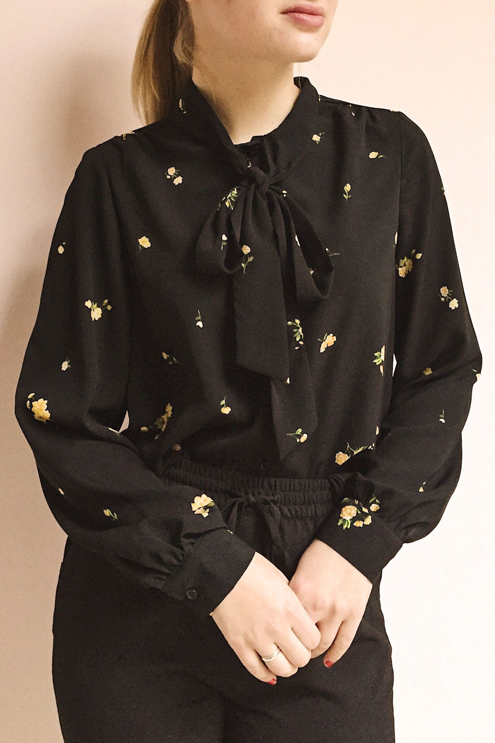 Gersende Yellow Floral Chiffon Shirt | Chemise | La Petite Garçonne on model