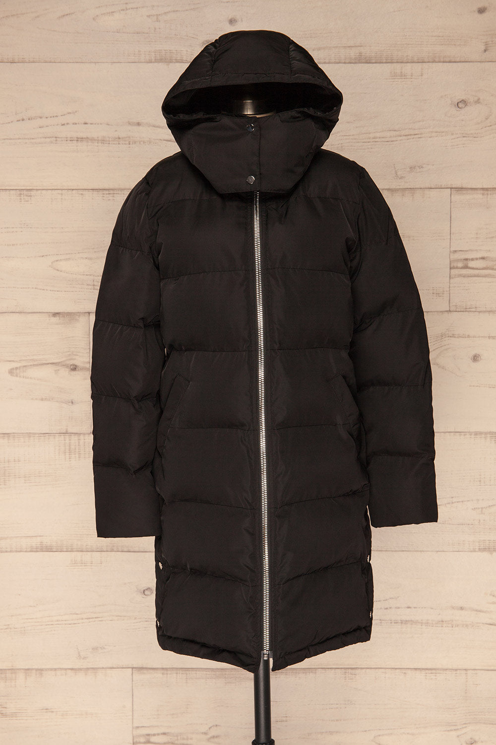Giada Black Hooded Quilted Parka | La Petite Garçonne front view hood