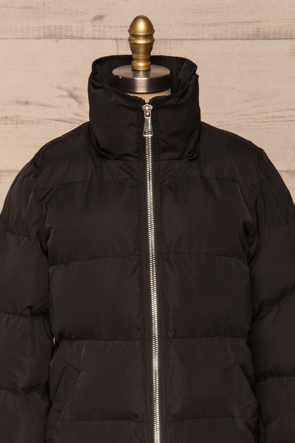 Giada Black Hooded Quilted Parka | La Petite Garçonne front close-up without hood