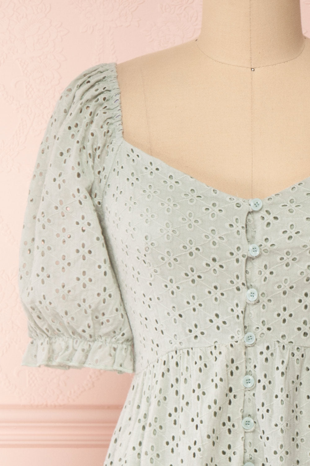 Gloria Mint Sage A-Line Openwork Midi Dress | Boutique 1861 front close-up