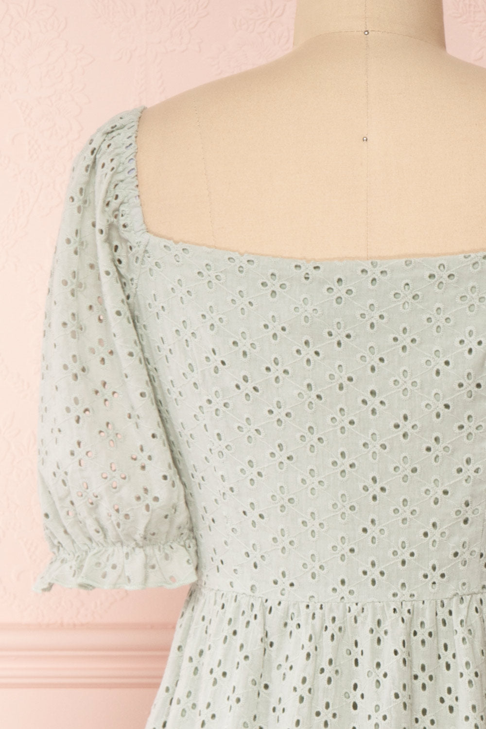 Gloria Mint Sage A-Line Openwork Midi Dress | Boutique 1861 back close-up