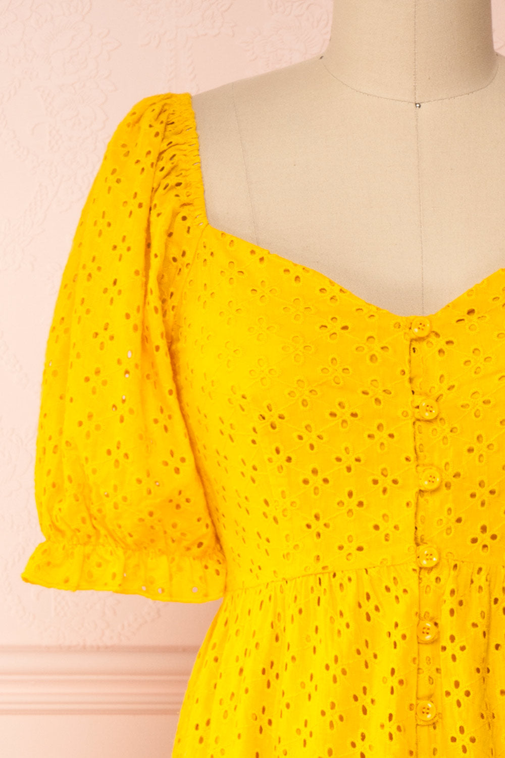 Gloria Yellow A-Line Openwork Midi Dress | Boutique 1861 front close-up