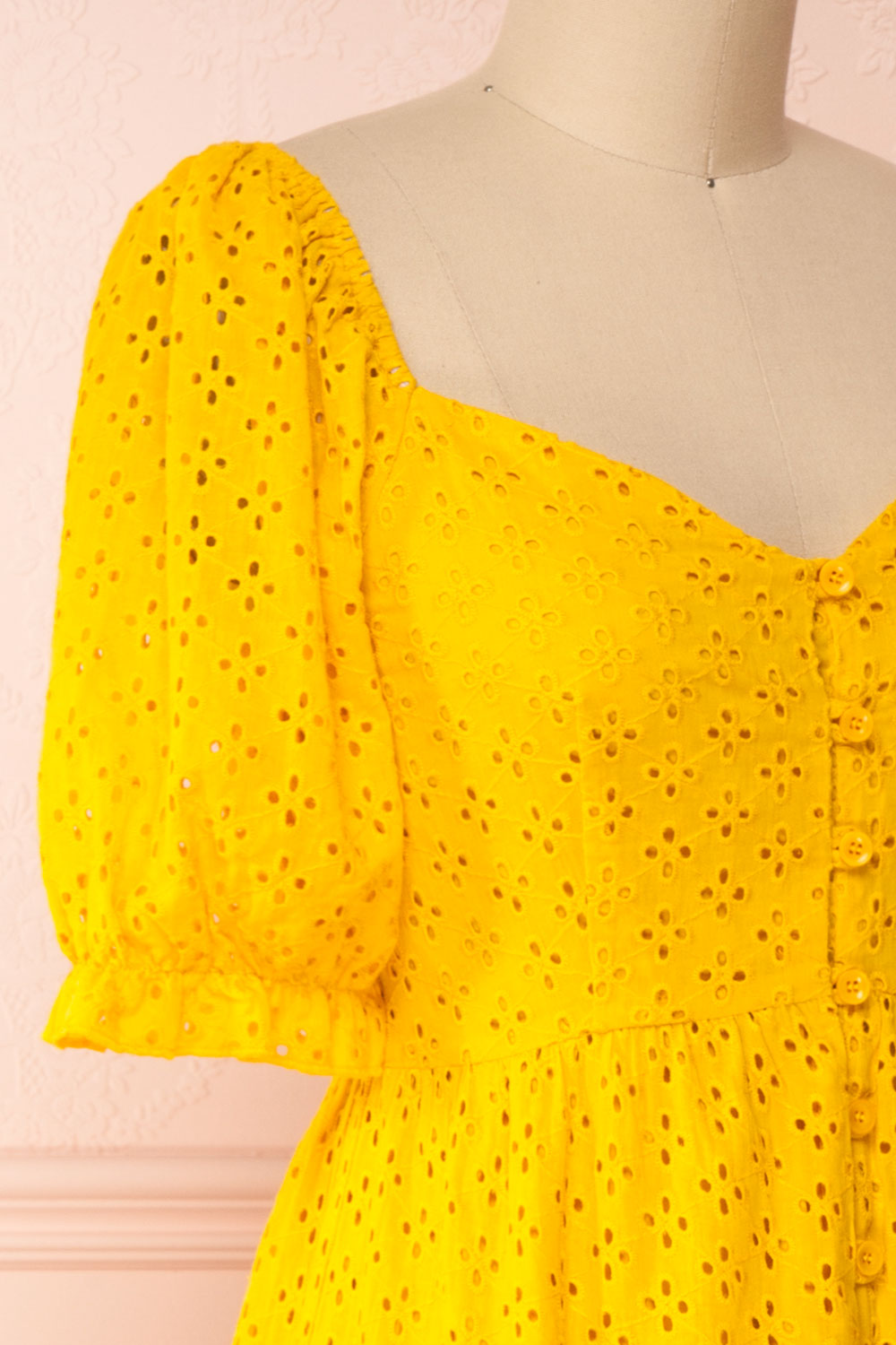 Gloria Yellow A-Line Openwork Midi Dress | Boutique 1861 side close-up