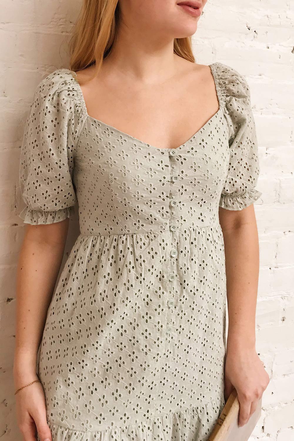 Gloria Mint Sage A-Line Openwork Midi Dress | Boutique 1861 model close up