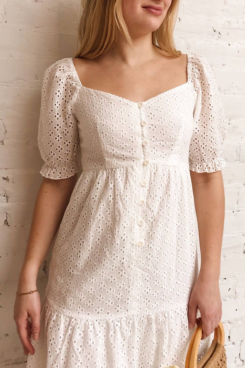 Gloria White A-Line Openwork Midi Dress | Boutique 1861 on model