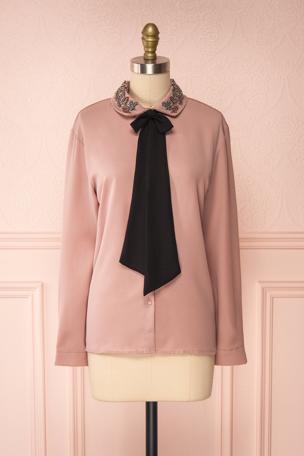 Godiva Nude Beige Tie Bow Neckline Blouse | Boutique 1861 front view