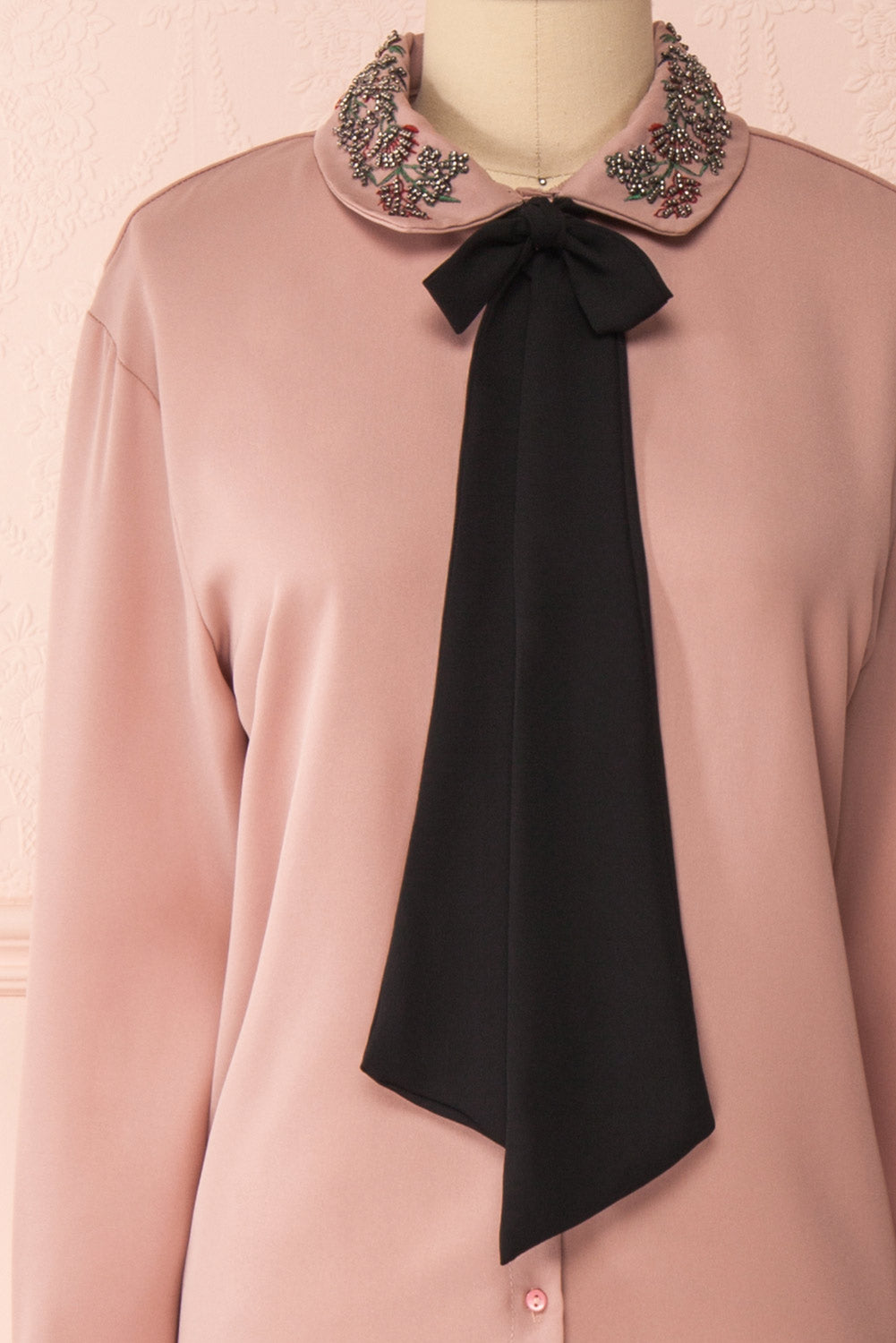 Godiva Nude Beige Tie Bow Neckline Blouse | Boutique 1861 front close-up