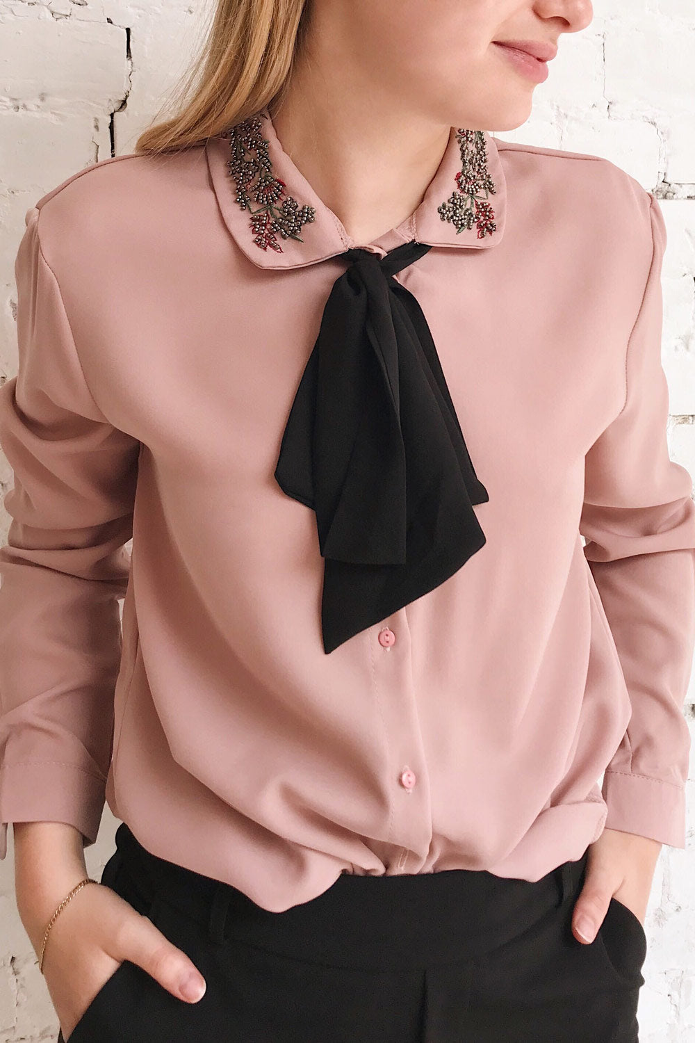 Godiva Nude Beige Tie Bow Neckline Blouse | Boutique 1861 on model