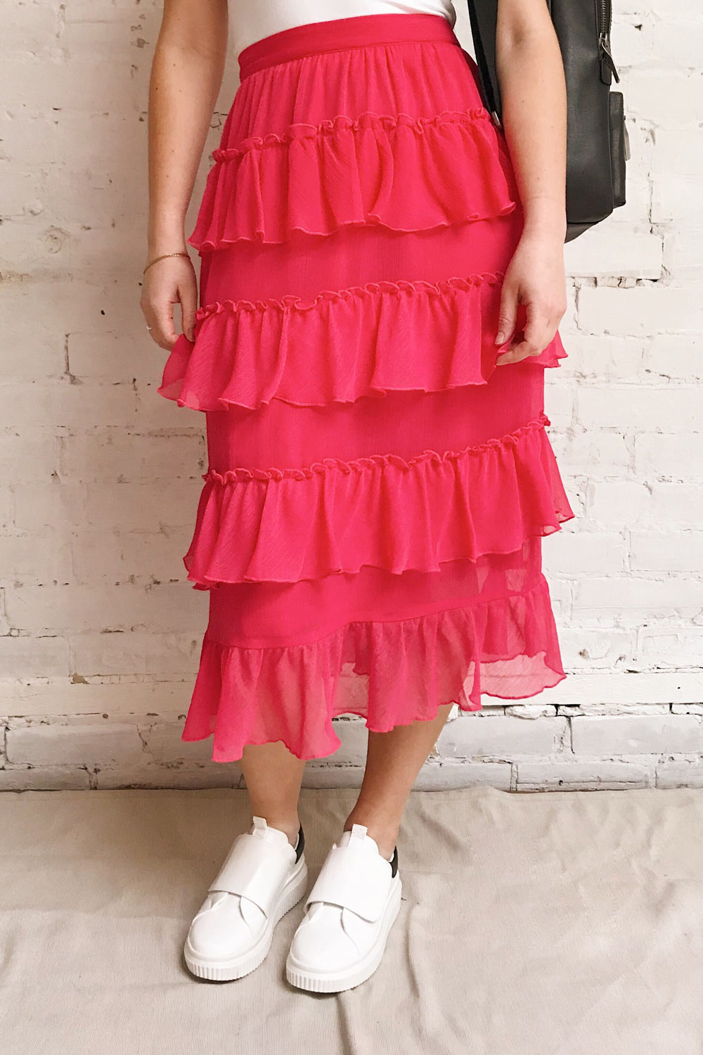 Gova Red Layered Ruffles Festive Midi Skirt | Boutique 1861 on model