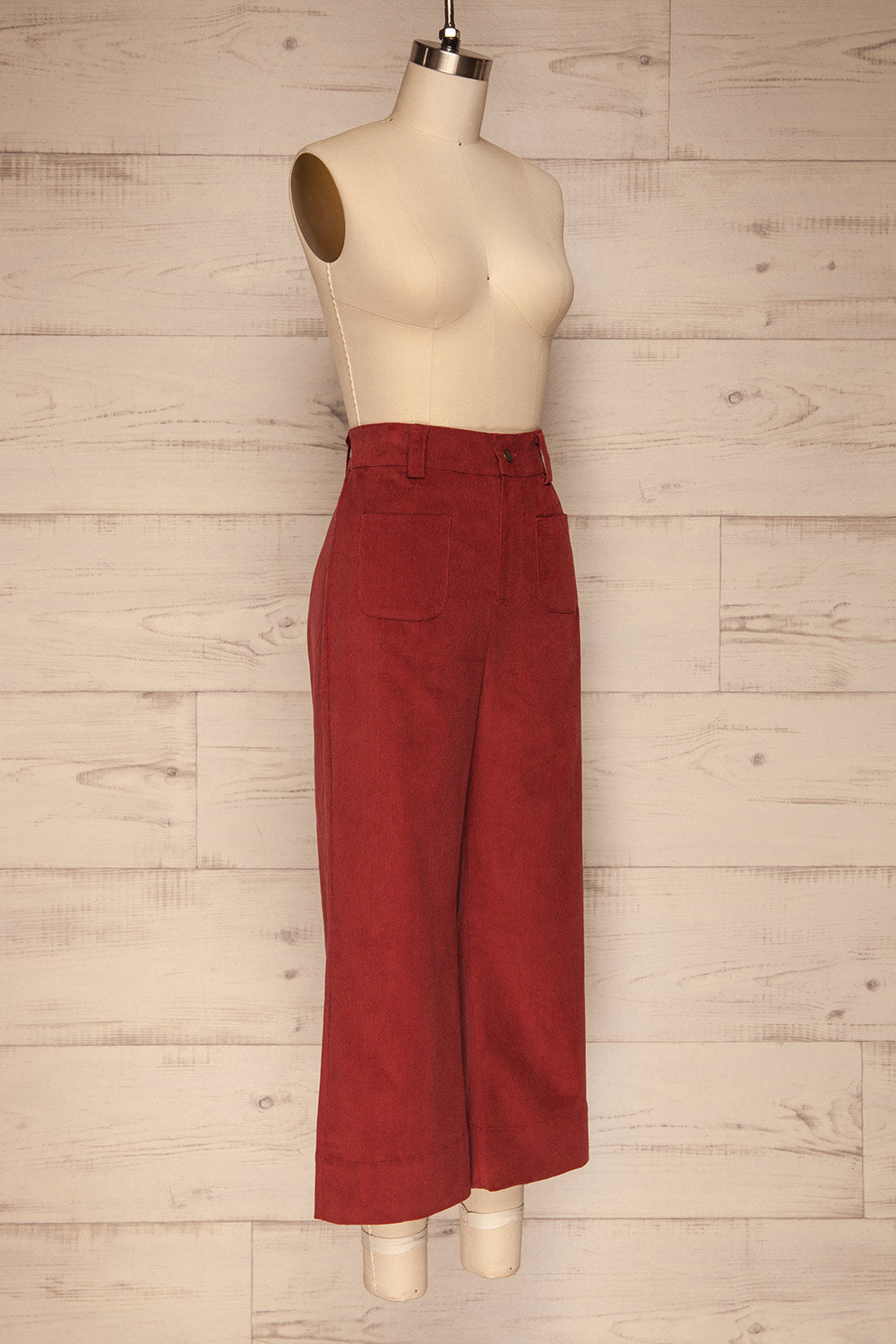 Gravesend Burgundy High Waisted Corduroy Pants side view | La Petite Garçonne