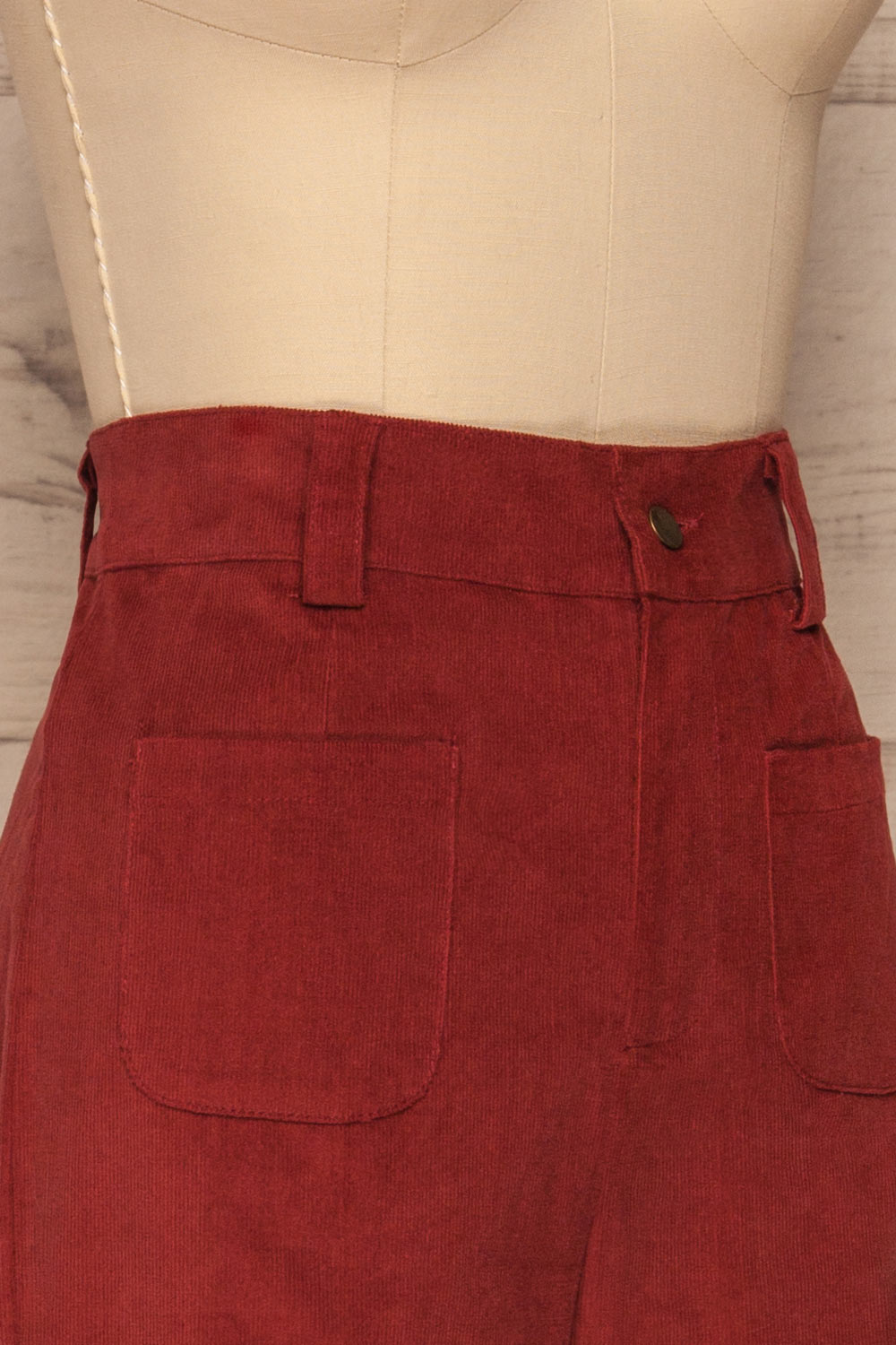 Gravesend Burgundy High Waisted Corduroy Pants side close up | La Petite Garçonne