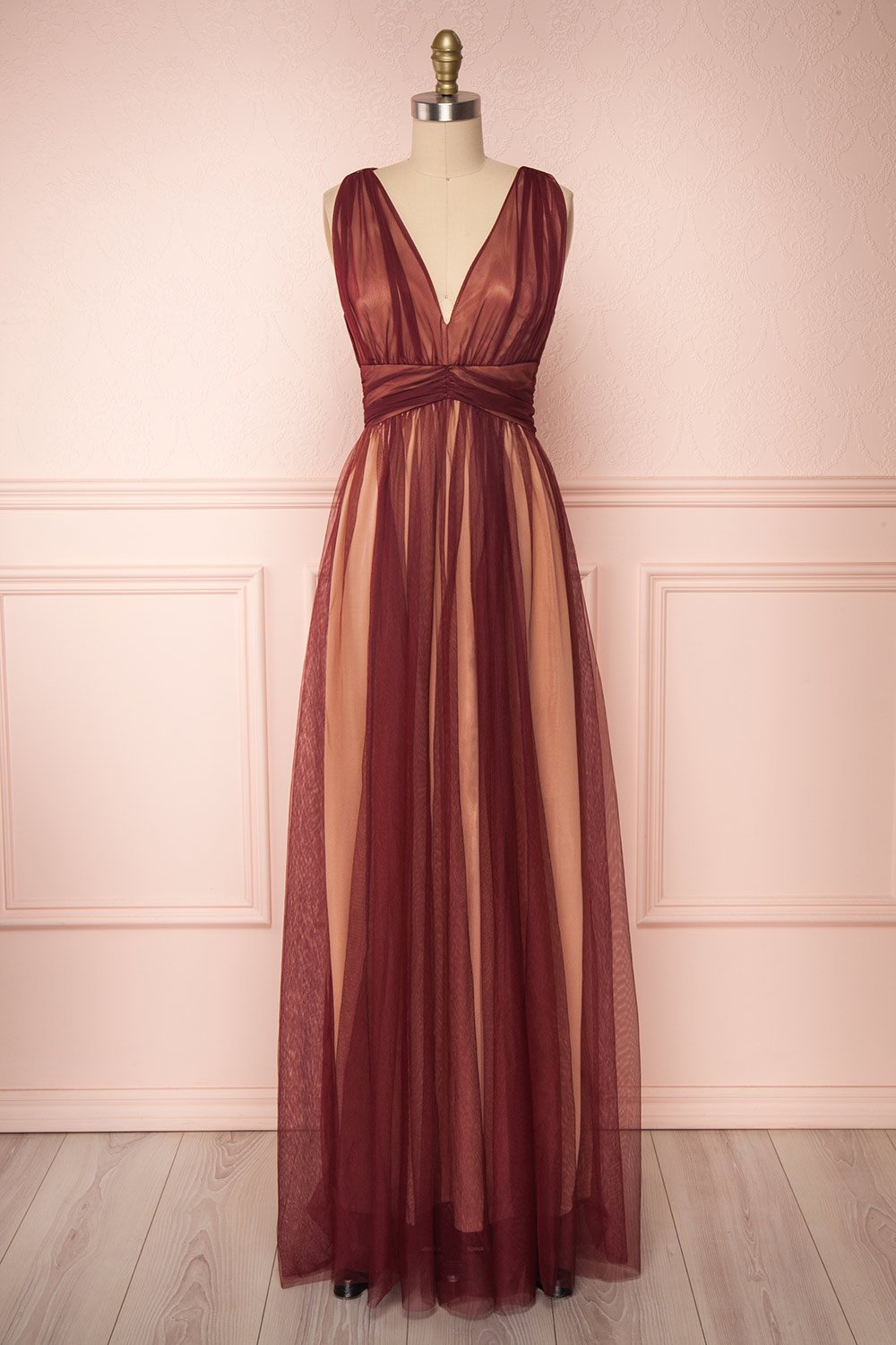 Grendell Burgundy & Beige Gown | Robe Bourgogne front view | Boudoir 1861