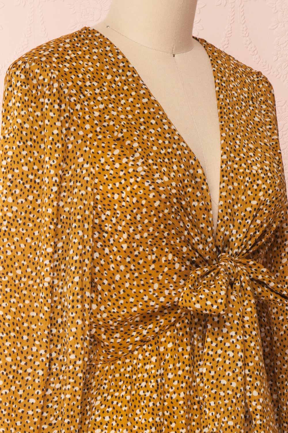 Guada Mustard Yellow Patterned Long Sleeved Dress | Boutique 1861 side close-up