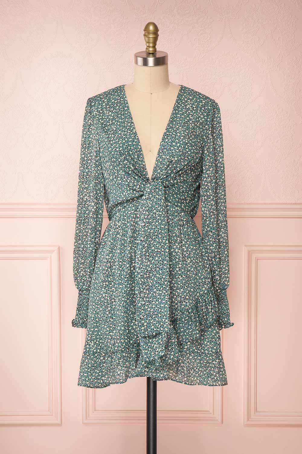 Guada Turquoise Teal Patterned Long Sleeved Dress | Boutique 1861 front view