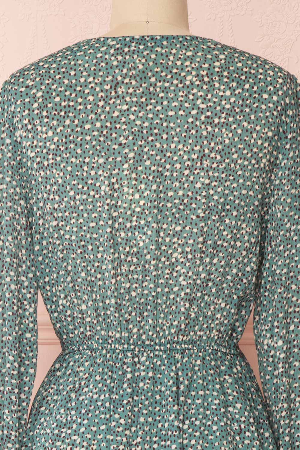 Guada Turquoise Teal Patterned Long Sleeved Dress | Boutique 1861 back back close-up