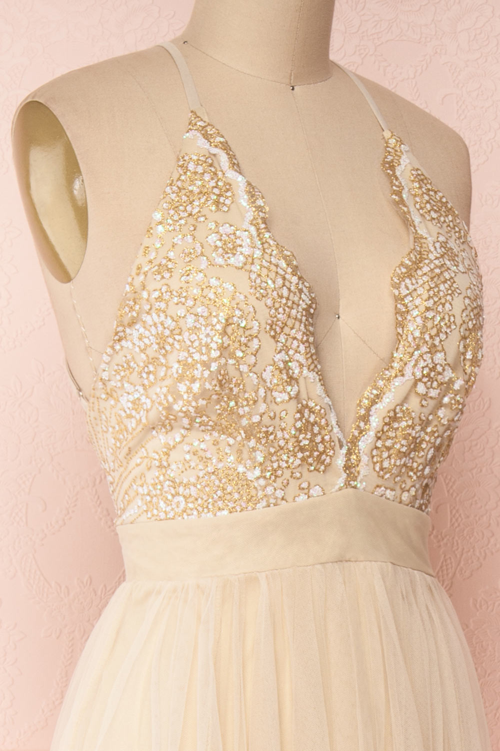 Gunvor Beige Mesh Gown with Glitter | Boutique 1861 side close-up