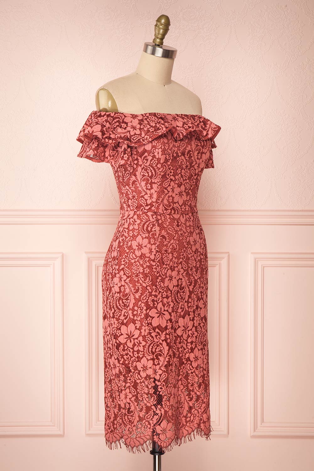 Gwendoline Pink Lace Off-Shoulder Short Fitted Dress | Boutique 1861 side view